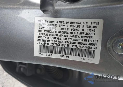 2016 Honda Civic Ex из США, поврежденный, VIN 19XFC2F75GE005116